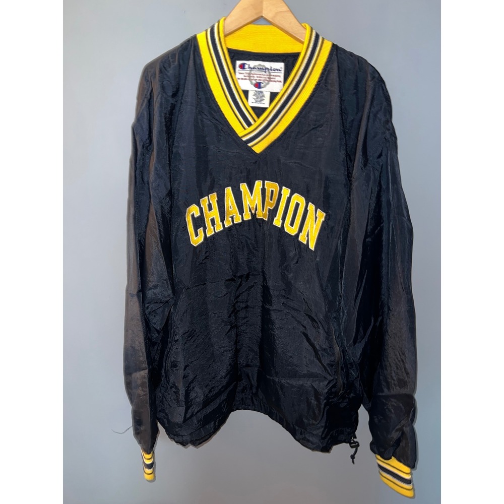 Vintage Champion Windbreaker Pullover Navy Yellow V-Neck Spellout Mens XL‎